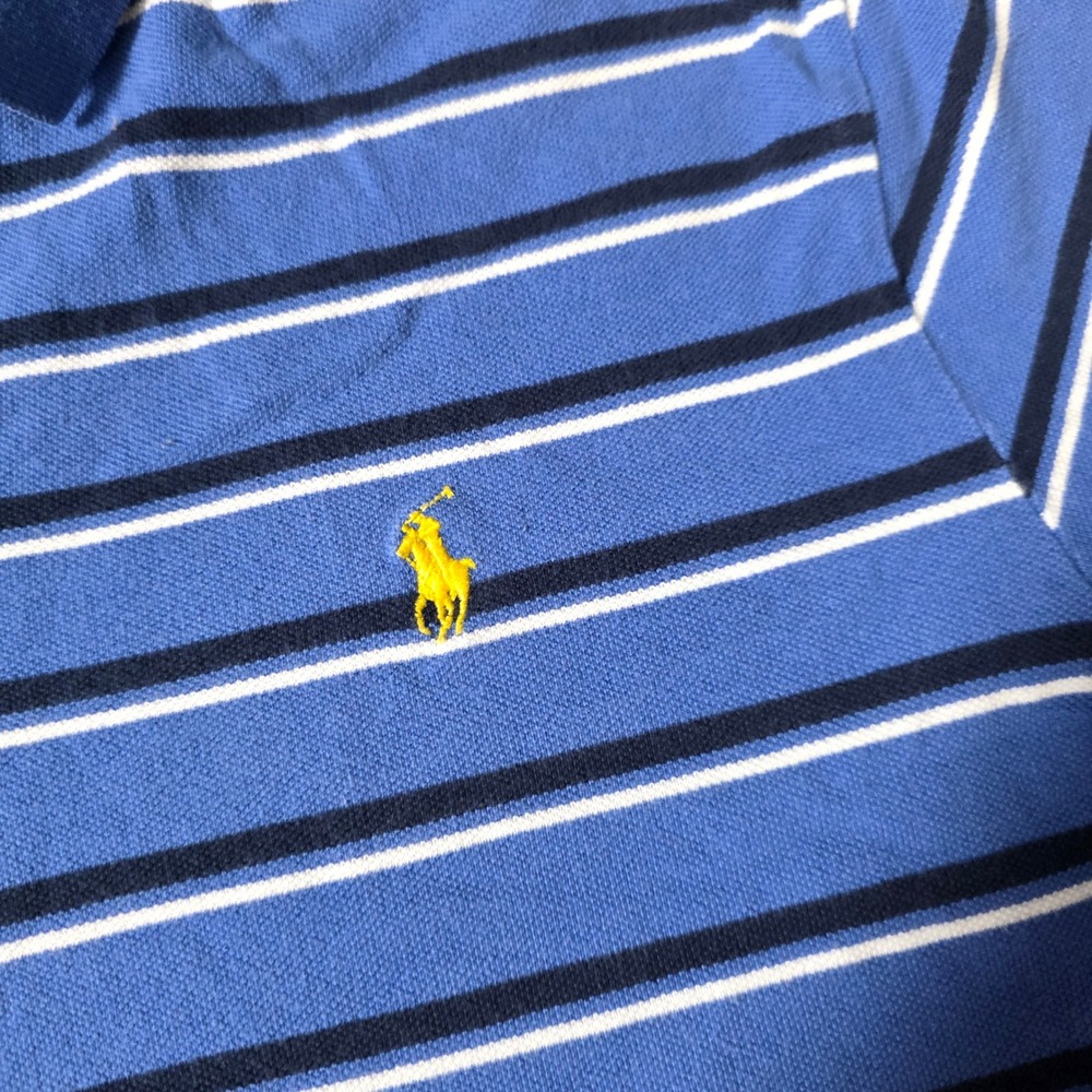 Polo Ralph Lauren Mens Large Polo Shirt Blue Striped Custom‎ Fit Yellow Pony - Picture 4 of 7